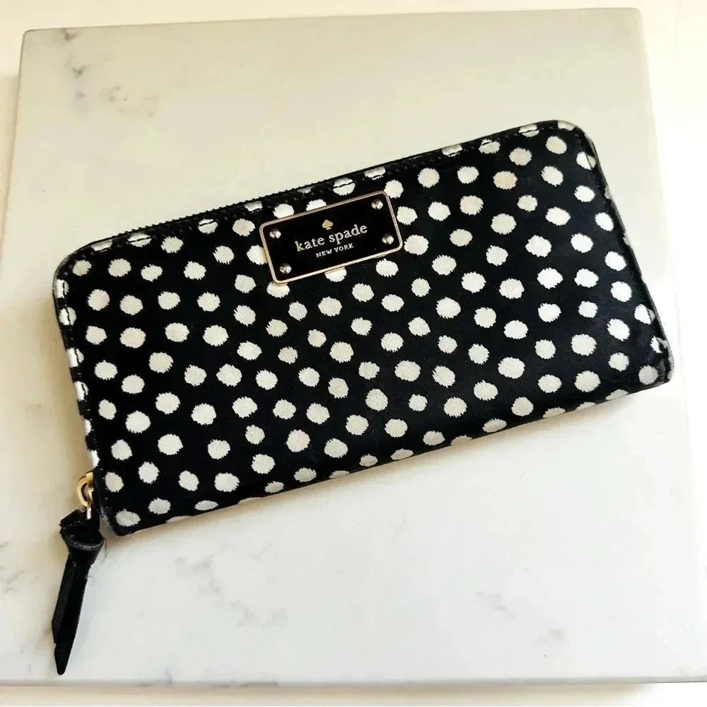 Kate Spade Polka Dot Large Zip Around Nylon/Leather Wallet
